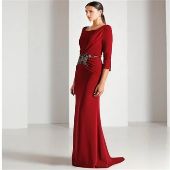 Луксозни вечерни рокли от Дубай, бродирани с мъниста, за жени, за сватба парти 2023, елегантни дълги вечерни рокли за бала в арабския тъмно червено стил с дълги ръкави