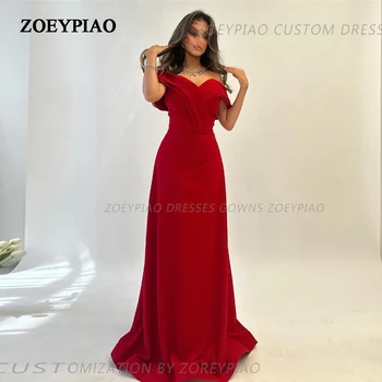 Червени рокли за бала от еластичен сатен трапецовидна форма с открити рамене, вечерни рокли с плисета и рюшами, рокля за специални случаи, Vestidos 2023