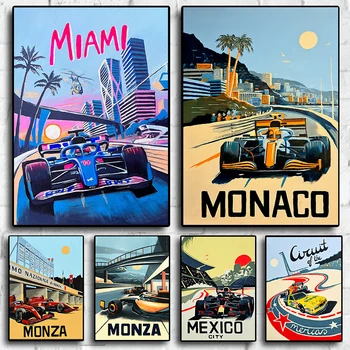 Състезателни коли от Формула 1 2023, Акварел неоновите градски естетически плакат, платно, стенно изкуство, плакати със състезатели, украса за моторните спортове, интериор на стаята