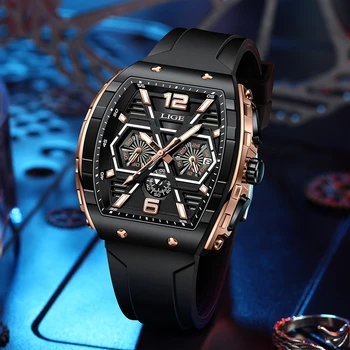 LIGE Луксозни модни кварцов мъжки часовник с квадратна творчески силиконово каишка, водоустойчив Мъжки часовник Luminoius, ежедневни ръчен часовник с дата