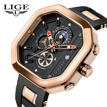Мъжки часовник LIGE Модни луксозни кварцов ръчен часовник с квадратен циферблат, каишка силикон, мъжки ежедневни водоустойчив светещи часовници