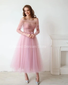 Светло розови абитуриентски рокли за чай с дължина до пода с подвижни дълги ръкави, вечерни рокли, Vestidos De Fiesta