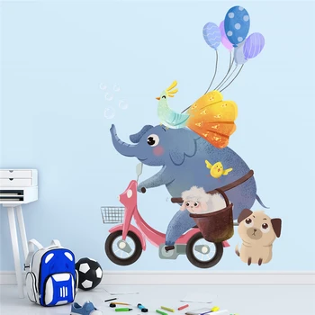 Сладък Слон, едущий на велосипед с овчаркой, стикери за стена За декорация на дома, стенописи с мультяшными животни, етикети за детска стая, плакат на PVC