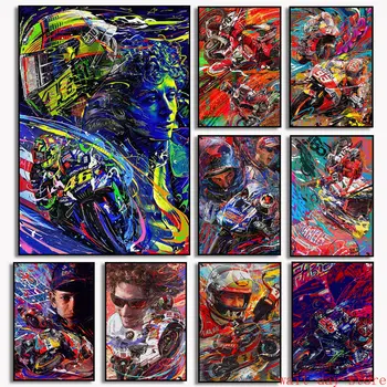 Графити върху платно с изображение на мотоциклет Rossies, Състезателни щампи и плакати с участието на състезател за домашен интериор в стил хола Cuadros