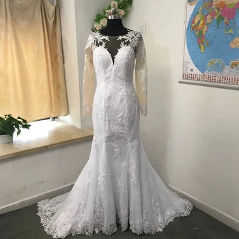 Сватбени рокли на Русалка с кръгло деколте ANGELSBRIDEP, секси прозрачна илюзия, дантелени апликации отзад, вечерни сватбени рокли Плюс размер