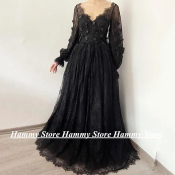 Очарователно Черно сватбена рокля Yipeisha Vestido De Noiva С дълги ръкави и V-образно деколте, дантелено готическа сватбена рокля с А-силует, с обемни цветя