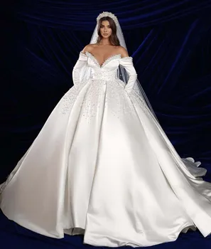 2023 Бална рокля с дълги ръкави, расшитое мъниста и перли, пищни сватбена рокля с открити рамене