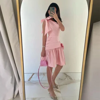 Вечерни рокли на Русалка от Саудитска Арабия Xijun Pink с едно рамо, Без ръкави, С гънки И рюшами къса рокля за абитуриентски бал Вечерна рокля 2023