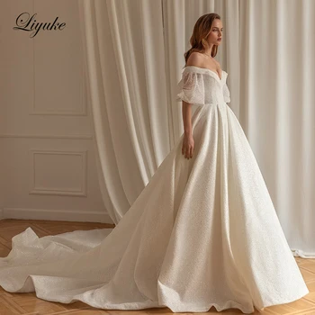 Прекрасна сватбена рокля трапецовидна форма, расшитое мъниста и дантела Liyuke, сватбена рокля с открити рамене