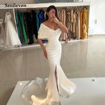 Сватбени рокли на Русалка от сатен Smileven с открити рамене, реколта дантелени плажни рокли за булката, булчински рокли в стил бохо с гънки