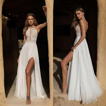 2019 Богемные булчинска рокля с лодка деколте и цепка отстрани, сватбени рокли с дължина до пода, с Плажна сватбена рокля трапецовидна форма Robe De Mariee