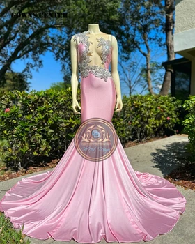 Дълга рокля на бала Rainstone Pink Mermaid 2024 За черната момичета Прозрачно Африкански сватбена вечерна рокля от прозрачна мрежа vestido