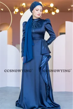 Тъмно сини мюсюлмански вечерни рокли с дълги ръкави, Сатен апликации, расшитый мъниста Хиджаб, Ислямски вечерни рокли трапецовидна форма, Марокански кафтан