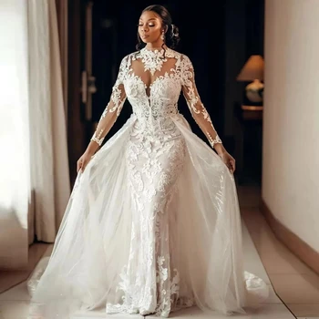 Уникални дантелени сватбени рокли на Русалка с висока врата и дълъг ръкав, апликация 2023, сватбени рокли, Горна пола Vestido De Новия
