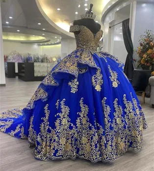 Царско синьо Буйни принцесата рокли, Бална рокля с открити рамене, красиви апликации, 16 рокли, 15 мексикански облекло