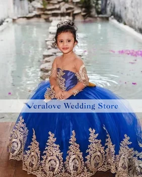 Синьо Детско бална рокля Бебешка рокля на Принцеса С аппликацией Дантелено Мини-рокля за рожден Ден За момичета Цветни рокли