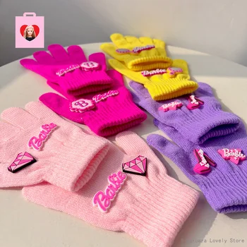 Варежка Барби 2023 Зимни Детски Възли Дебели Плюшени ръкавици с букви и пет пръста За момичета Улични Топли Ръкавици Цветни Ръкавици