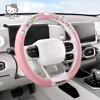 Защитен калъф за волана на колата Kawaii от естествена кожа Sanrio с изображение на Hello Kitty Универсален модел висококачествена кожа волан