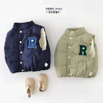 Детски памук жилетка, есенно-зимна Корея утепленная майк, връхни дрехи с бродерия букви за бебета, топла жилетка за момче