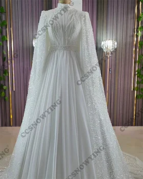 Мюсюлманската сватбена рокля с дълъг ръкав от шифон, расшитое мъниста, за булката, Хиджаб, ислямски сватбени рокли с високо воротом, женско арабско рокля от Дубай