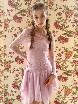 Easysmall For love lemons House Балетное рокля с мрежа на Фея с неправилна форма с дълъг ръкав, приталенное рокля Spicy Момиче, къса рокля