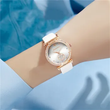 Модерен дамски часовник Луксозни Фини кварцови часовници за жени, дамски часовници с кръгла циферблат, инкрустированным диаманти
