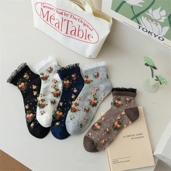 Кристални копринени чорапи, дамски Летни тънки Прозрачни чорапи до глезена с дълбоко деколте, цветна бродерия, Дантела и чорапи с рюшами JK Lolita Kawaii