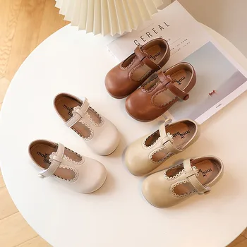 Кожени обувки за момичета, обувки на плоска подметка за деца, меки обувки на принцесата, сладки, малки деца, класически детски модела обувки в стил ретро с Т-образно каишка за парти