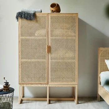 Бюфет от ратан стил Ваби-съби от масивно дърво, началната дневна, скандинавски ретро шкаф, шкаф за съхранение на дрехи и възглавници, в спалнята