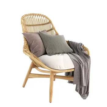 Скандинавски открит диван от ратан и тиково дърво В двора, на открито на лятната тераса, Дървена стол за почивка