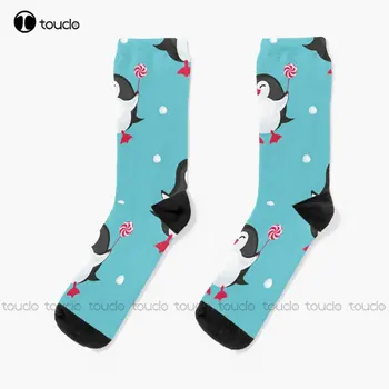 Забавни пингвини, Коледни безшевни модели № 4 - Чорапи с весели шарки във формата на пингвин, Дамски черни смешни чорапи, Забавен подарък по поръчка.
