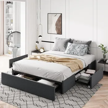 Мебели за спалня: рамка на легло-платформа в реален размер с 3 чекмеджета за съхранение на тъканта, тапицерия, дървени решетчатая разчита, тъмно-сив цвят