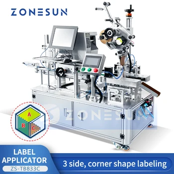 ZONESUN Автоматична машина за залепване на ъгъла на етикети на 3 странични кутии, Апликатор за етикети върху плоски повърхности с принтера ZS-TB833C