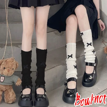 Crochet гамаши с лък За жени и момичета Y2K, черно-бели копчета за обувки, Зимни топло за краката в стил пънк Лолита, Корейски Дълги Чорапи