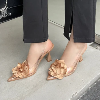 Дамски сандали от прозрачно PVC с острия цвете, еластичен колан, Елегантни копринени елегантни обувки на висок ток, за жени, летни