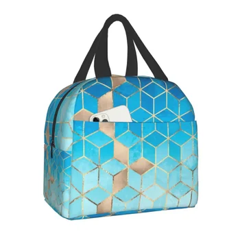 Луксозна изолирано чанта за обяд с геометричен модел под формата на абстрактни кубчета, преносим термоохладитель Bento Box, пешеходни пътни чанти за къмпинг