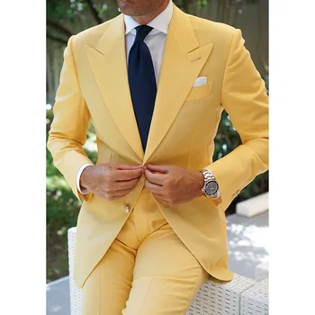 Самотен мъжки костюми с ревера жълт цвят, модерен Официален случайни мъжки костюм, луксозен оборудвана бизнес сватбен смокинг на младоженеца, комплект от 2 теми 2023 г.