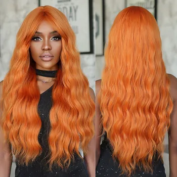 Дълги Оранжеви Cosplay-Къдрава Вълнообразни синтетични перуки с дълъг бретон за жени, парти с медно-имбирной вълна, естествена коса, Топлоизолиращи