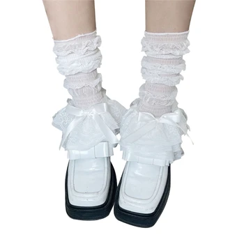 Дамски чорапогащи до коляното, дълги чорапи със завързана лък за момичета, свободни чорапи, секси дантелени чорапогащи-гети
