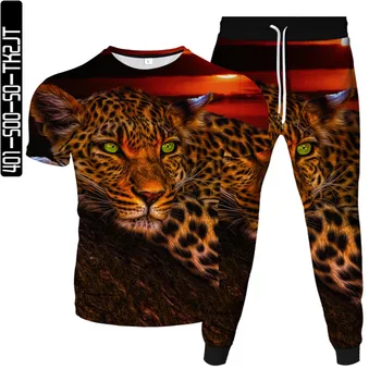Мъжки Дамски Модни 3D Принт на Животни Леопардовый Спортен Костюм Мъжки Дамски Тениска + панталони Панталони 2 бр. Комплекти Костюм Плюс Размер S-6XL Облекло