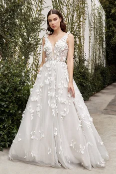 Иллюзионный Елече с V-образно деколте Сватбена рокля с цветен аппликацией Сватбена Бална рокля без ръкави с отворена V-образната облегалка Vestidos De Noche